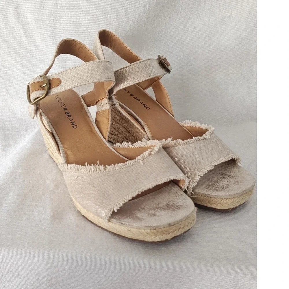 Lucky Brand Mindra Espadrille Wedge Sandals Beige Natural Linen Ankle Strap 8.5
